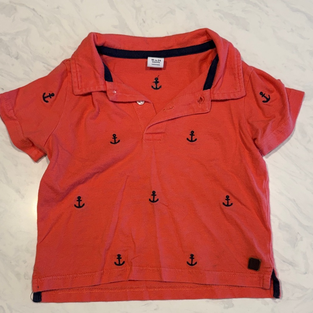 Janie and Jack Coral Polo with Navy Anchor Embroidery
